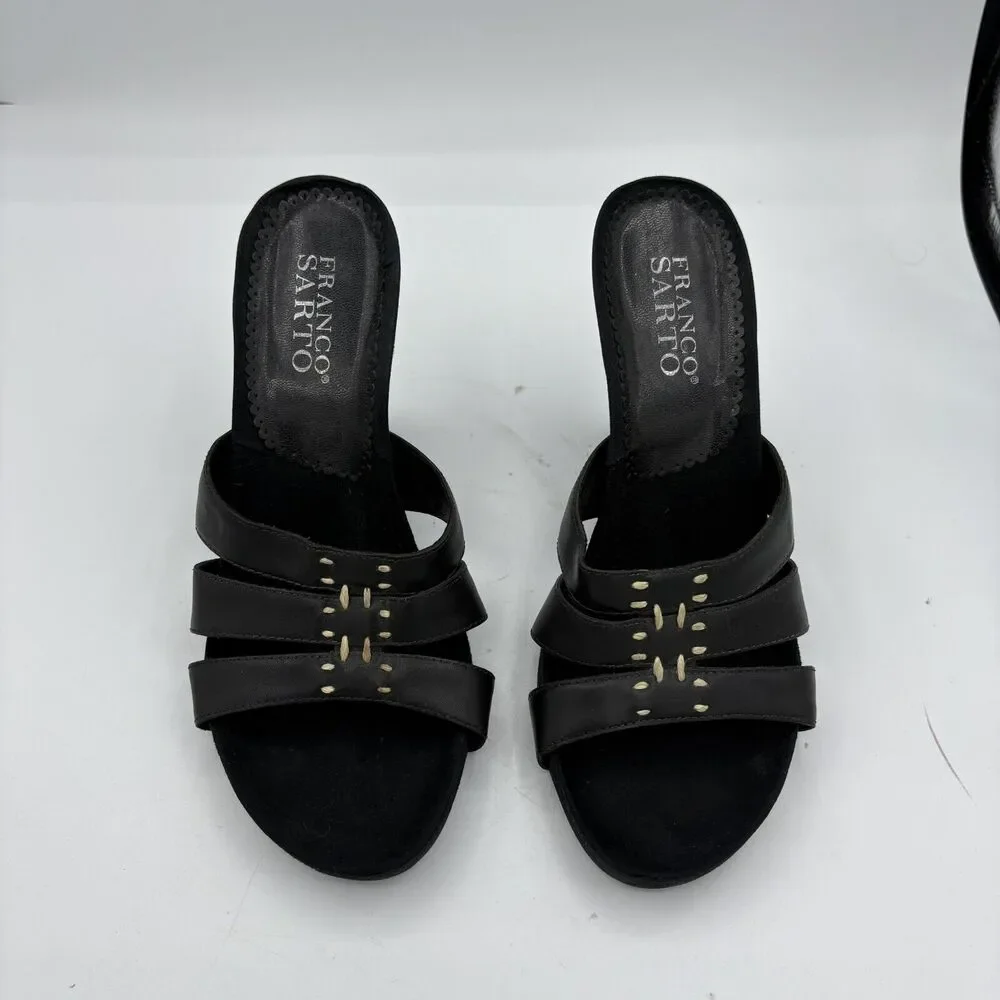 Franco Sarto High‎ Heels Womens 7 Leather Kitten Black Open Toe Mule Straps G2